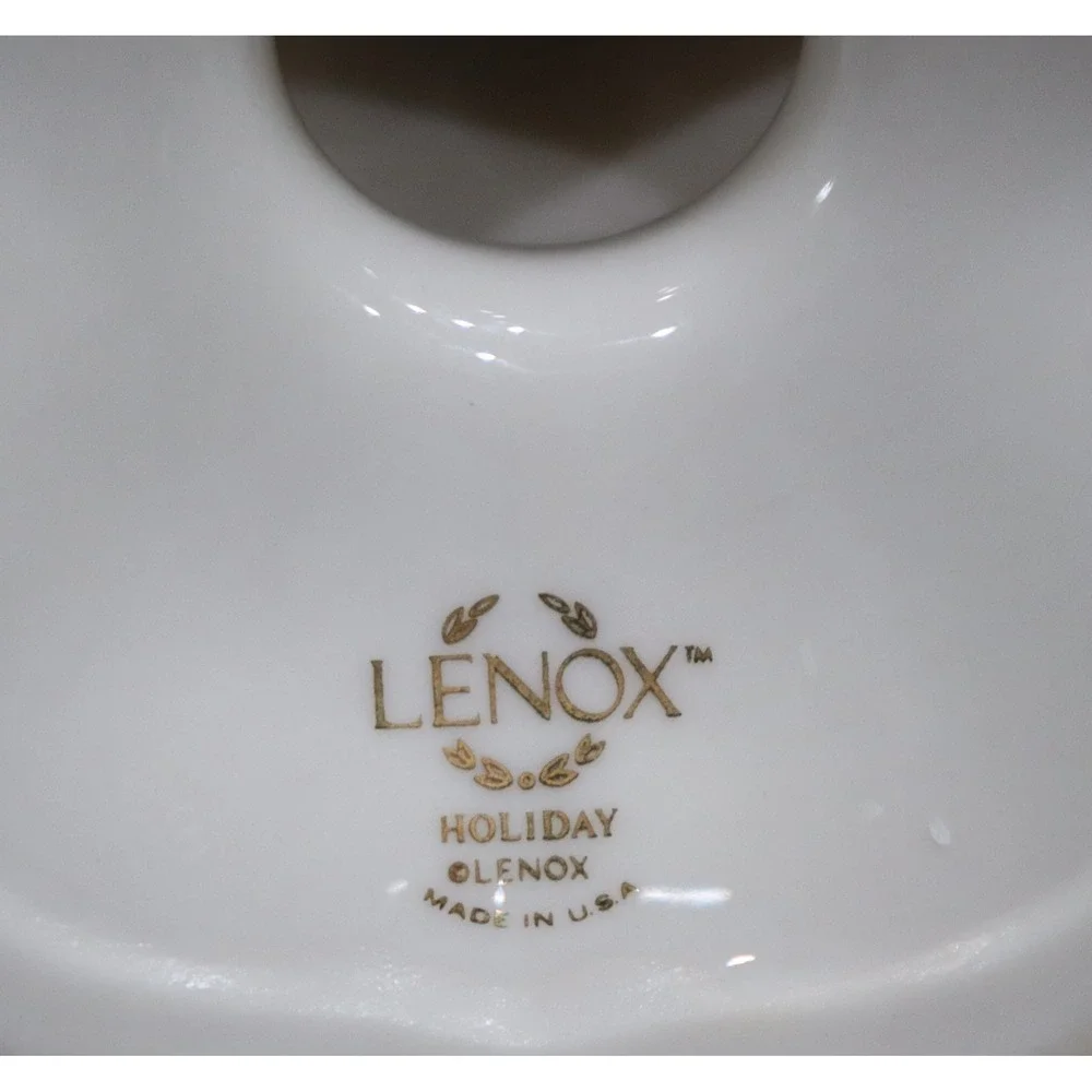 Lenox Holiday Candlestick Holder Holly Berry Gold Trim Ivory China Made in USA